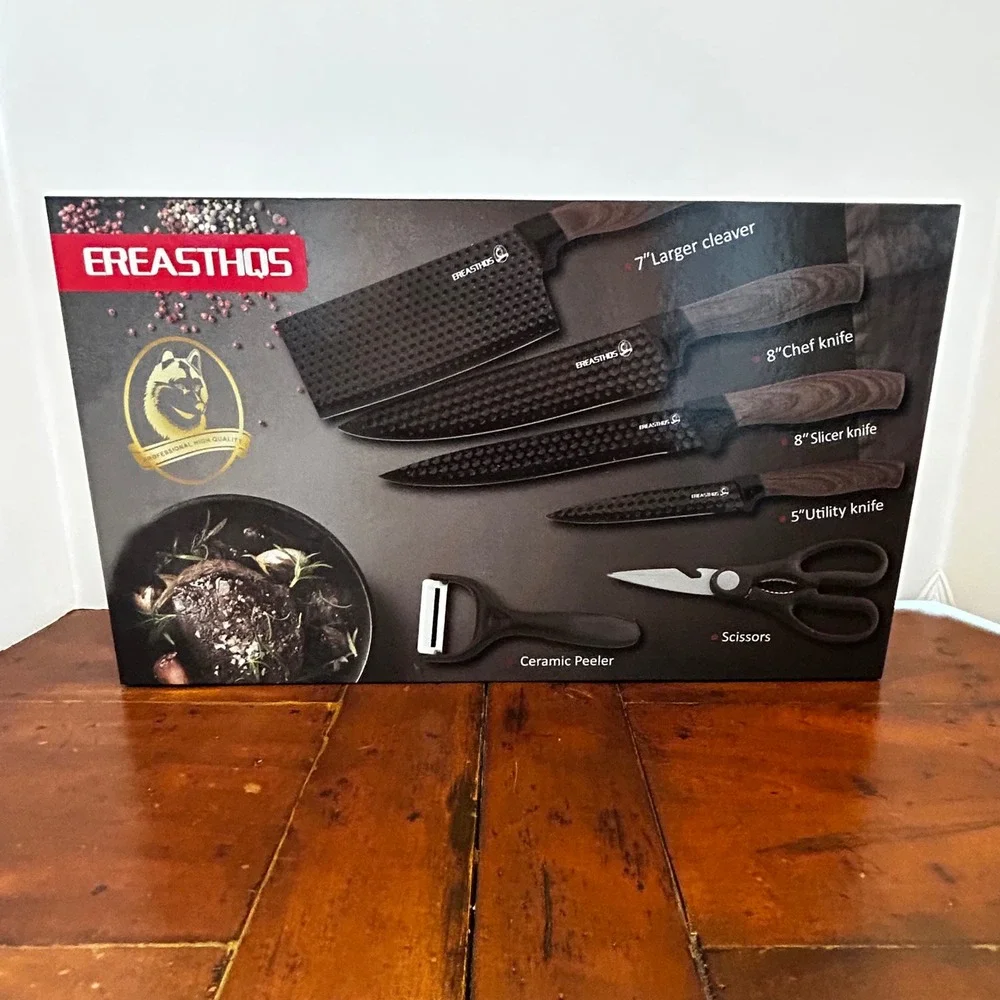 EREASTHQS Knife Set Black 6 Piece Non-Stick Wood Grain Handle New